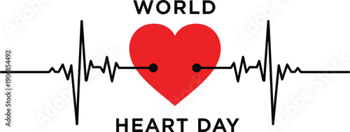 World Heart Day concept with red heart and heartbeat pulse line cardiology health awareness vector illustration design