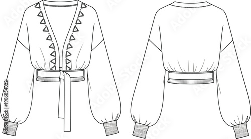 Fashion flat technical sketch of a cropped bohemian style cardigan featuring voluminous balloon sleeves, decorative triangle embroidery along the V-neckline, and a tie-front belted waist