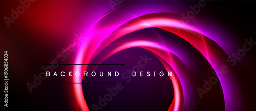 Abstract design features vibrant neon circles, gradients. Dark background emphasizes glowing curves, text reads background design. Modern, dynamic visual.