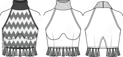 Fashion technical flat sketch of a chevron knit halter neck crop top with ribbed turtleneck collar, underwire bust detail, and decorative fringe tassel hemline. (25 words)