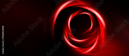 Red spiral design dominates dark background. Swirling lines create dynamic, energetic visual effect. Abstract composition evokes motion, depth.