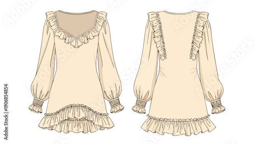 Elegant long-sleeved dress technical drawing with ruffles and feminine details, perfect for a chic wardrobe design.
