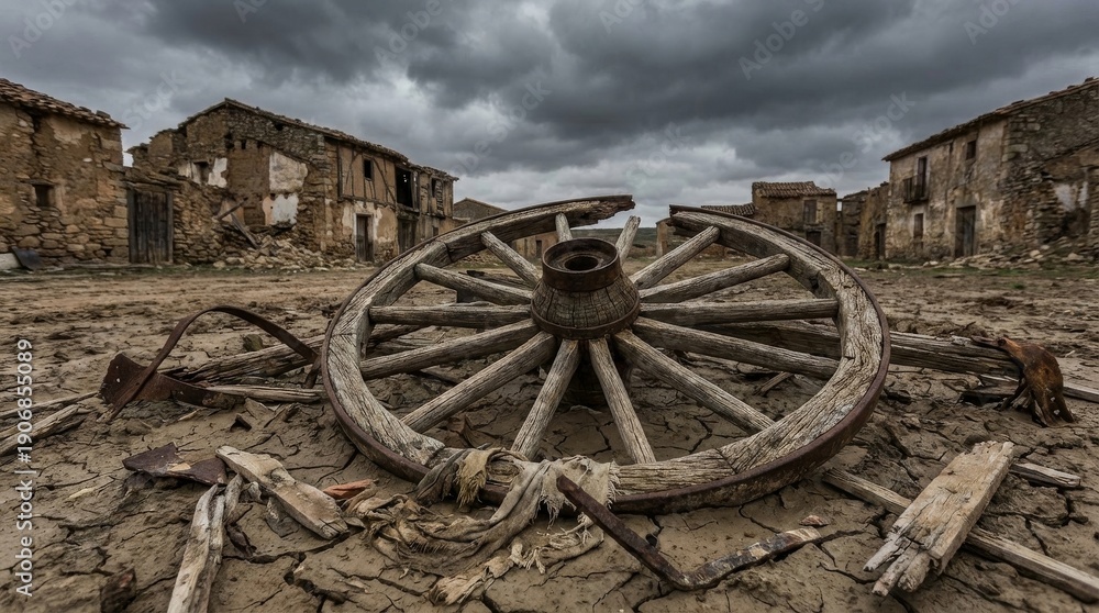 Obraz premium Broken Wooden Wagon Wheel in Abandoned Village