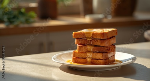 Crispy toast with sweetened condensed milk topping on a white plate for serving