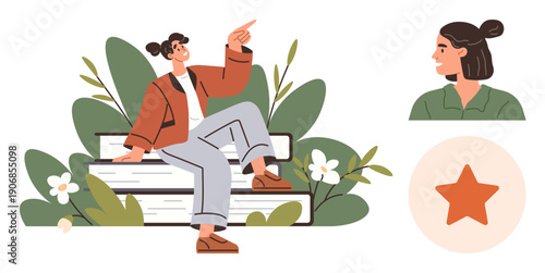 Outdoor lifestyle, personal growth, creativity, inspiration, individuality, simplicity. Young person sitting on a bench surrounded by plants, profile view of a woman and a star symbol. Outdoor