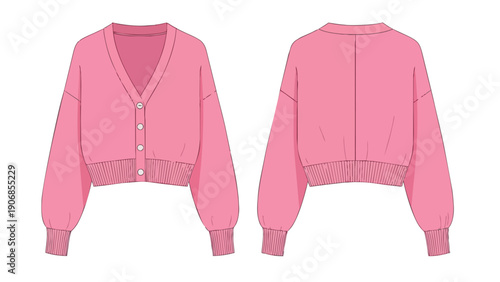 Fashion flat sketch depicting a contemporary pink cropped cardigan with elegant balloon sleeves and a ribbed hem shown from front and
