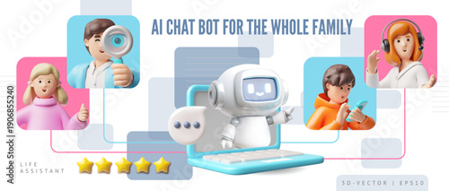 A 3D banner featuring a chatbot on a laptop screen providing assistance to the whole family.