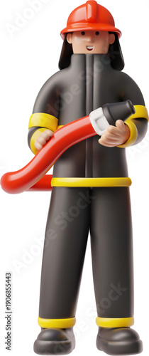 3D illustration of a firefighter in a protective uniform and helmet, holding a fire hose.