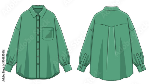 Technical drawing of a relaxed fit button-up shirt with voluminous sleeves and a curved hem
