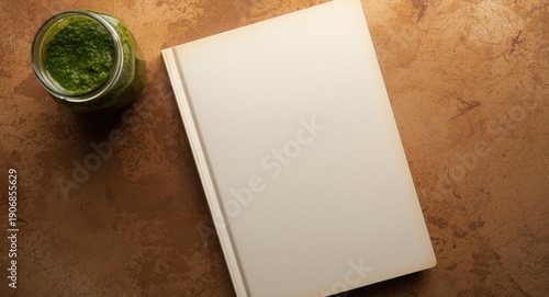 A blank page book near a gl...