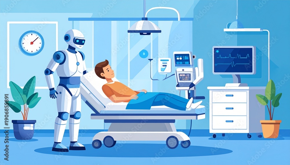 Fototapeta premium Robot Assistant in Hospital Room with Patient Illustration.