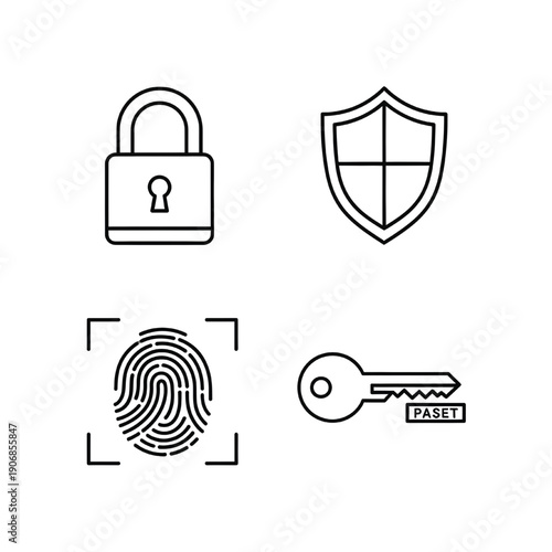 Security icons set including lock, shield, fingerprint, and key on transparent background