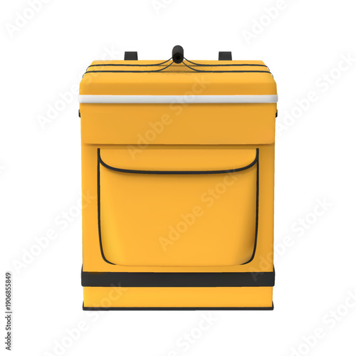 3D yellow food delivery backpack with closed lid, front view.