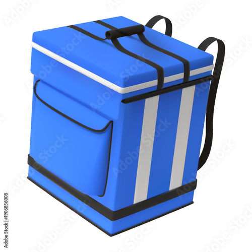 3D food delivery cooler bag, blue, square, with a pocket, straps, and a closed lid, side view.