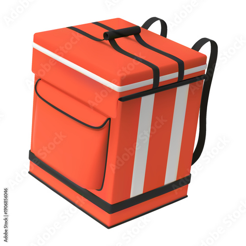 3D red food delivery bag, square with white stripes, pocket, and straps, side view.