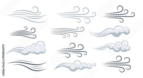 Vector wind and cloud icons, swirling cloud graphics, weather symbols, for website or presentation, isolated on transparent background, png