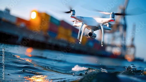 Quadcopter drone hovering above water with splashing waves at harbor, modern aerial camera technology for maritime surveillance, rescue and inspection