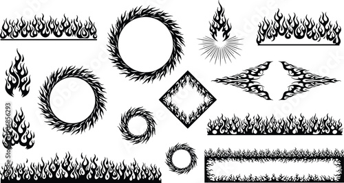 Flame border and fire frame collection with circular geometric shapes for tattoo logo poster vector illustration design elements decorative set
