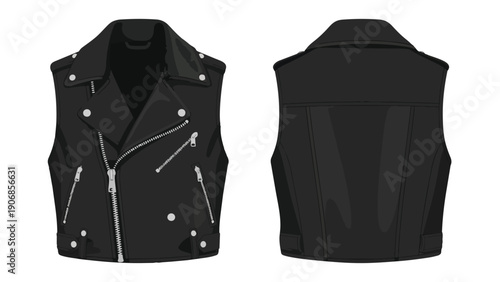 Sleek black faux leather vest design showing detailed front and plain back views