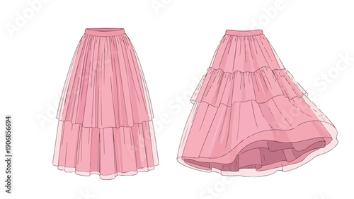 Elegant pink tiered skirts fashion illustration showcasing flowing textile design concepts