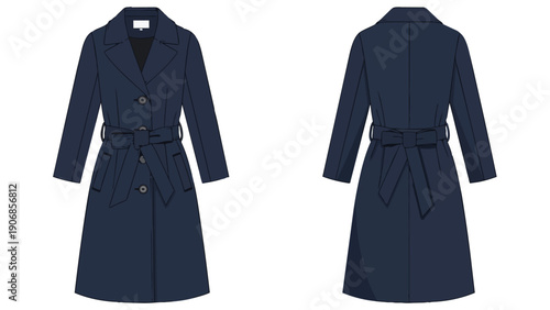 Professional flat vector illustration of a sophisticated women's navy blue belted trench coat, displaying its elegant design from both front and