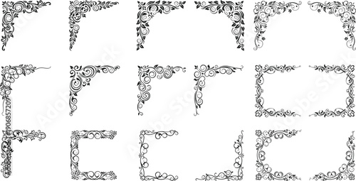 Elegant vintage ornamental floral corner frames collection decorative border elements classic swirl design vector illustration isolated set
