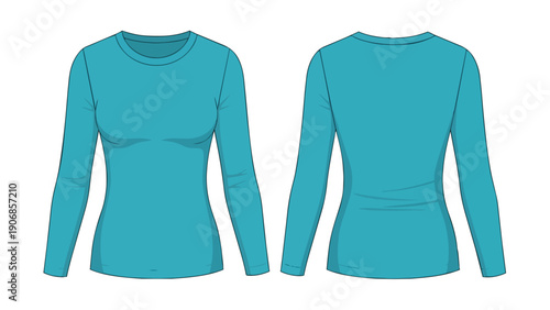 Vibrant teal long-sleeved women's t-shirt vector graphic showing front and back views a versatile apparel template for fashion design mockups today