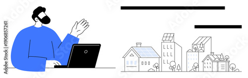 Remote work, technology integration, renewable energy, eco-friendly living, urban planning, sustainability. Man at laptop gesturing near cityscape with solar panels. Remote work and renewable energy