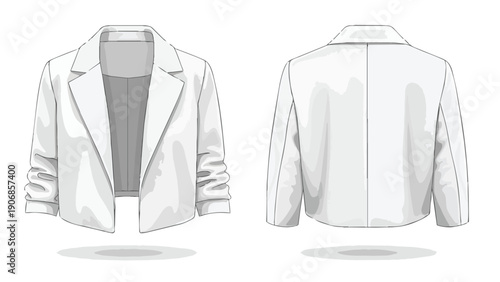 Contemporary white women's fashion blazer, presenting both front and back views with chic rolled sleeves. Ideal for elegant apparel design and