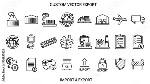 Import and Export Logistics and Trade Icons Set.