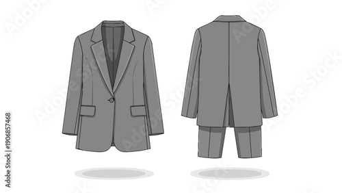 Professional charcoal gray business suit attire illustration, showcasing modern menswear design for formal occasions and corporate settings with