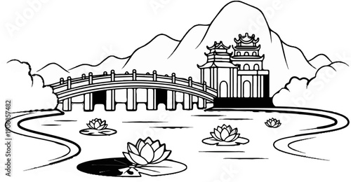 Elegant bridge spans tranquil pond with lilies; mountains and temple in background