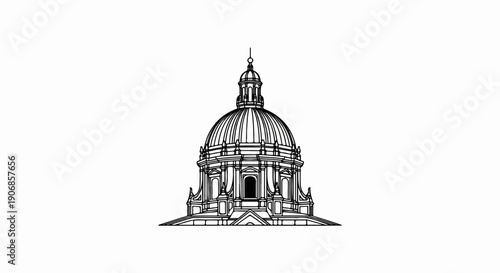 Detailed line drawing of a grand, classical dome with an ornate, multi-tiered structure