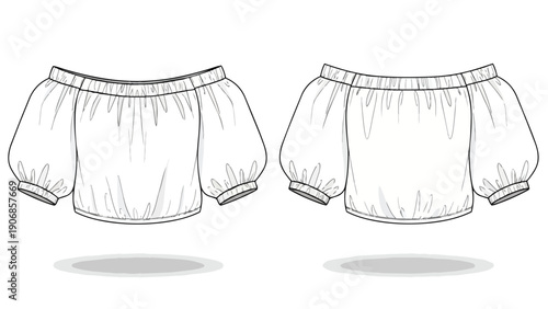 Technical flat sketch of an off-the-shoulder blouson top with puffy sleeves and elasticated hem for fashion design, pattern making, and apparel