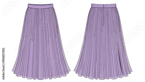Exquisite lavender pleated maxi skirt technical flat drawing presenting meticulous front and back views for detailed fashion design and apparel