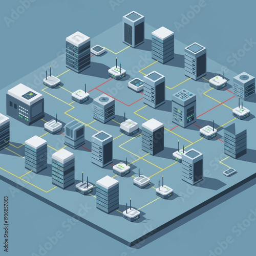 Isometric cityscape with interconnected buildings and infrastructure.