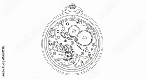 Detailed line drawing of a mechanical pocket watch movement showing gears and springs