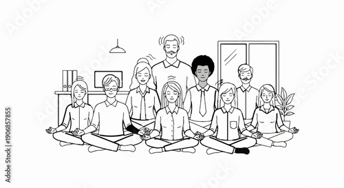 Diverse office colleagues meditate together to achieve inner peace and focus