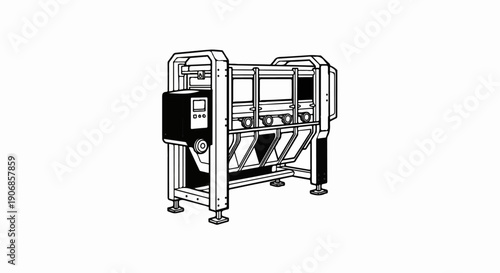 Detailed line drawing of a multi-station industrial processing or testing machine