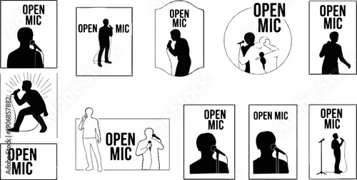 Diverse open mic event logos featuring silhouettes of performers with microphones