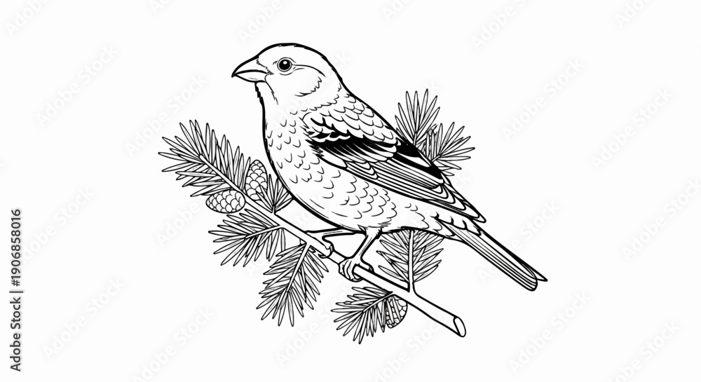 Fototapeta premium Detailed line drawing of a small bird perched on a pine branch with cones