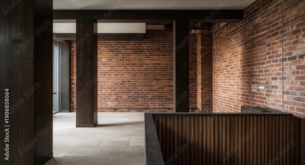 Obraz premium Chic studio apartment decorated with brick walls and elegant wooden columns