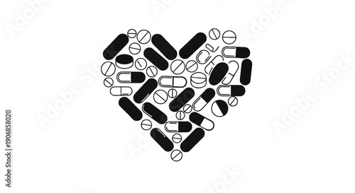 Diverse pills and capsules artfully arranged to form a heart shape