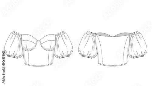 Technical flat drawing of a chic women's puff sleeve crop top with sweetheart neckline