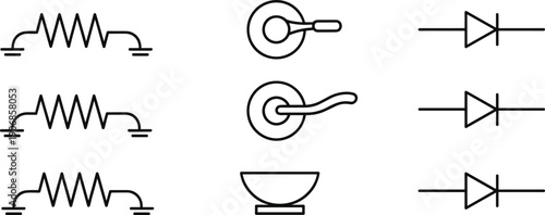 Set of electronic circuit symbols resistor diode switch and component icons outline vector illustration for engineering schematic design
