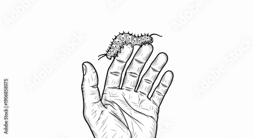 Detailed line drawing of a segmented caterpillar on an open palm