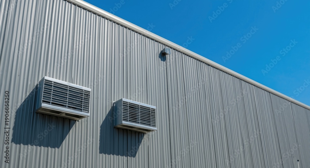 Fototapeta premium Industrial warehouse exterior featuring aluminum ventilation louvers on a steel wall with clear blue sky and copy space