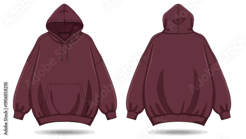 Elegant oversized maroon hooded pullover vector illustration showing both front and rear perspectives, ideal for contemporary clothing design and