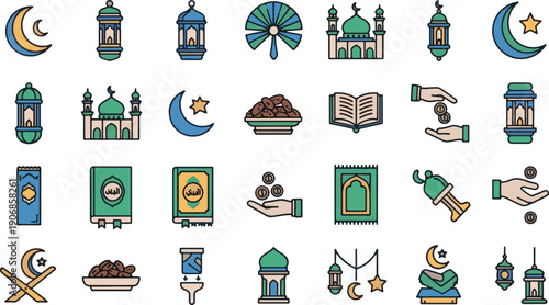 Ramadhan Kareem spiritual elements and Islamic culture icons set, perfect for celebrating the holy month with traditional symbols and blessings