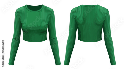 Stylish emerald ribbed knit long-sleeve crop top versatile women's apparel fashion garment design